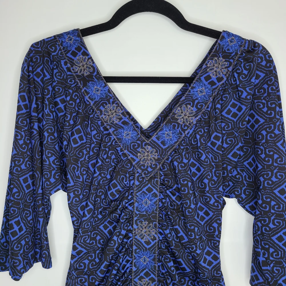 INC Top 3/4 Sleeve V-Neck Stretchy Blue Black Funky Size Small_2